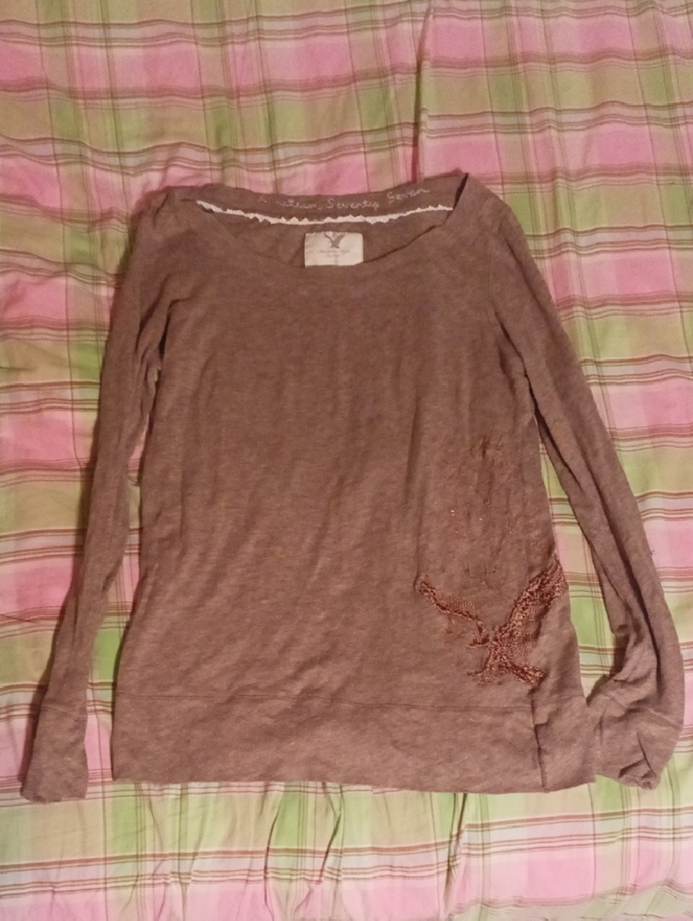 American Eagle Long-Sleeve Scoop Neck Top in Taupe with Embroidered Accent